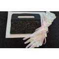 Vintage like black beaded clutch bag and elegant gloves size m