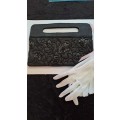Vintage like black beaded clutch bag and elegant gloves size m