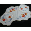 3 PIECE DOILIE SET EMBROIDED VINTAGE COTTON WITH HAND CROCHETED EDGE