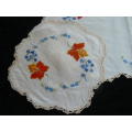3 PIECE DOILIE SET EMBROIDED VINTAGE COTTON WITH HAND CROCHETED EDGE