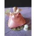 PIN CUSHION LADY WITH PORCELAIN HEAD AND A FREE THIMBLE