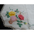 VINTAGE COTTON EMBROIDERED TRAY CLOTH WITH HAND CROCHETED EDGE