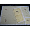 VINTAGE COTTON HAND EMBROIDERED PLACE MAT WITH MATICHING SERVIETE PALE YELLOW