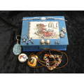 VINTAGE EMBROIDERED JEWELERY BOX WITH JEWELERLY AND ODD AND ENDS