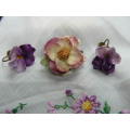 BROOCH VINTAGE PORCELAIN WITH EARRINGS STAMPED ENGLAND- FREE HANKIE NO DAMAGE
