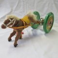 Vintage Pull toy Horse with large green wheels - Made in US Zone Germany post WW2 - Rope 76 cm