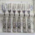 Set of 6 vintage silverplated pickle forks with flower design handles