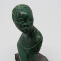 Malachite bust carving on wooden base
