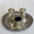 EPNS mustard, salt and pepper set on stainless tray