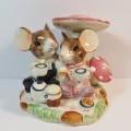 Porcelain mice having tea under mushroom figurine by Function Art