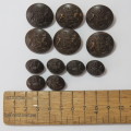South African Defense Force military buttons wartime blackened - Lot of 6 large and 6 small buttons