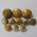 South African police lot of 11 buttons - 3 Medium brass - 3 Small brass - 5 Small white metal