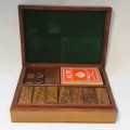 Vintage dominoes card and dice game box with all items - Dominoes and dice are wood with brass inlay