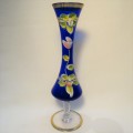 Bohemian Cobalt blue glass flower vase with gold trimming and applied flowers