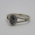 9kt White gold ring with black diamond of over 1 ct plus 60 small diamonds - Size N