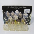 Set of 8 silverplated and glass salt and pepper shakers in box