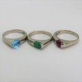 Costume lot of 3 silver look-alike rings with different color stones - Size l