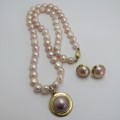 9kt Gold and pearls necklace and earrings set - Necklace length 51,5 cm