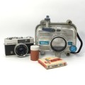 Kintage Konica C35 Marine 35mm camera with accessories in homemade case