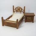 Vintage wooden Dolls House furniture - Bed and Bedside table