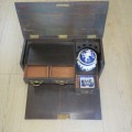 Antique chinese tea caddy wooden box with porcelain tea container and waist bowl