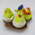 Vintage porcelain 3 chicken salt and pepper shakers with mustard pot on stand - spoon repaired