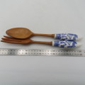 Vintage wood and porcelain serving spoon and fork