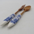 Vintage wood and porcelain serving spoon and fork