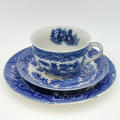 Vintage blue and white willow pattern porcelain trio