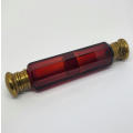 Antique Victorian Cranberry glass double lidded perfume bottle - No stoppers