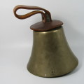 Antique brass musical hand bell with leather handle - marked B on leather