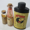3 old bottles / tins - naeltjie olie, rooi poeier, wilson Core-Ga powder