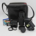 Vintage SP Zivnon 1:4,5 80-205mm lens in case with lens filters, Raynox Flash