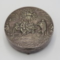 Vintage Alpacca silver-plated round trinket box with men drinking on lid