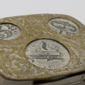 Vintage metal coin holder case with place for sovereign, half sovereign, shilling and sixpence