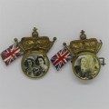 Pair of 1947 Royal Visit South Africa pin badges with different photos - Old SA flag removed