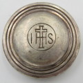 Antique E.P.N.S pill box - marked IHS with cross on lid