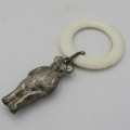 Antique baby rattle / teething ring with silverplated bear