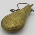 Antique brass gun powder flask with duck hunting theme