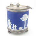 Antique Cobolt Blue Wedgwood Jasperware cookie jar with silverplated lid and base - 19th century