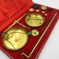Vintage balance scale with weights in original box - one weight missing