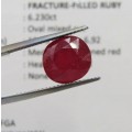 Fracture filled Ruby of 6,2 carat oval mixed cut - dark toned red with Gemlab certificate