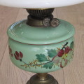 Antique Duplex brass lamp with green glass tank and white glass shade (small chip on rim)