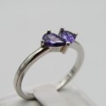 Sterling Silver ring with two teardrop shaped purple stones - Size P - Weighs 2g
