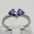 Sterling Silver ring with two teardrop shaped purple stones - Size P - Weighs 2g
