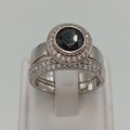 Sterling silver ring set - band with clear stoned aud ring with black stone -  size P - 6.6g