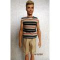 Ken - Barbie - shorts and brown/green/orange stripe T-shirt.
