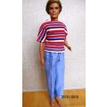 Ken - Barbie - blue cargo pants with red striped T-shirt.