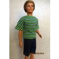 Ken doll's navy shorts with green stripe T-shirt.
