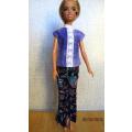 Barbie doll's navy print bell bottom pants with purple top